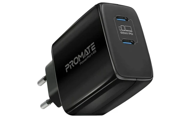 Promate PowerPort-65W Super Speed GaN Fast Charging Adapter with Dual USB Ports